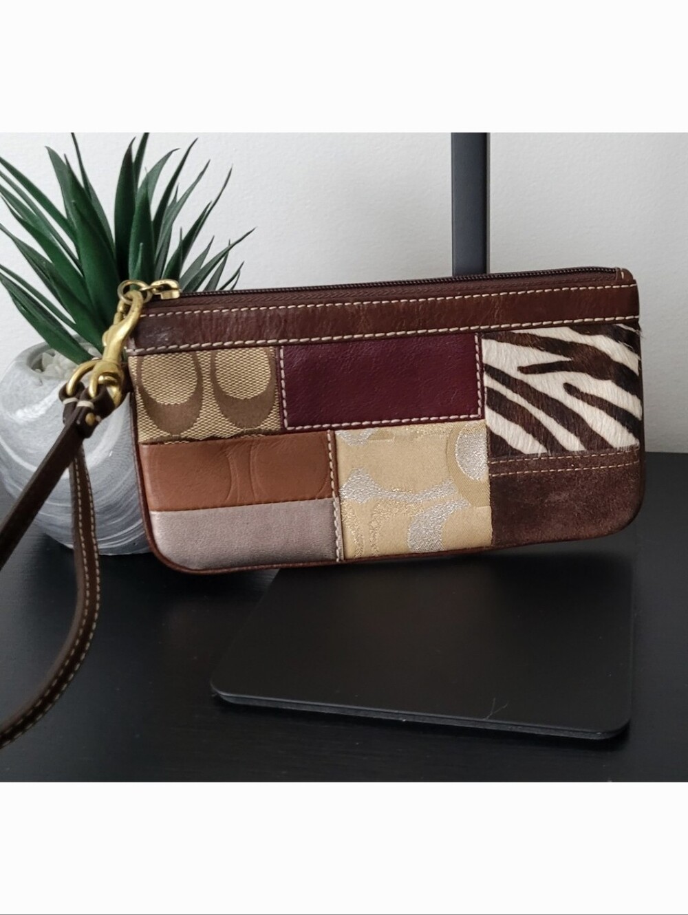 Coach Patchwork Leather and Signature Fabric Wristlet - Brown/Gold